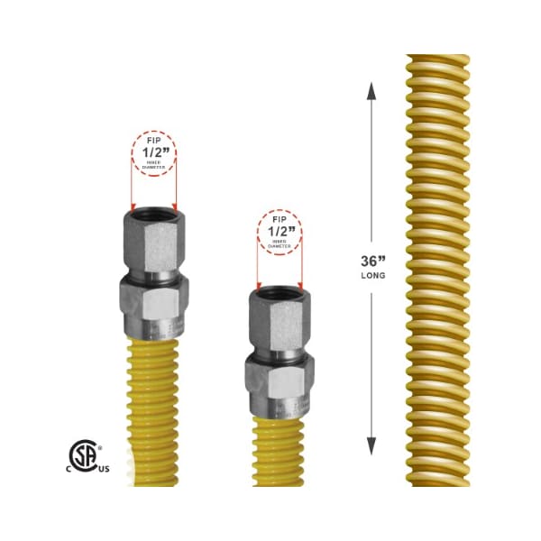 Gas Line Hose 5/8'' O.D.x36'' Len 1/2 FIP Fittings Yellow Coated Stainless Steel Flexible Connector